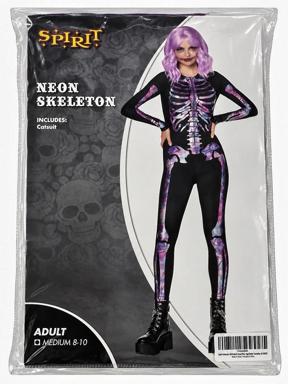 Spirit Halloween Adult Neon Skeleton Catsuit Black & Purple Medium